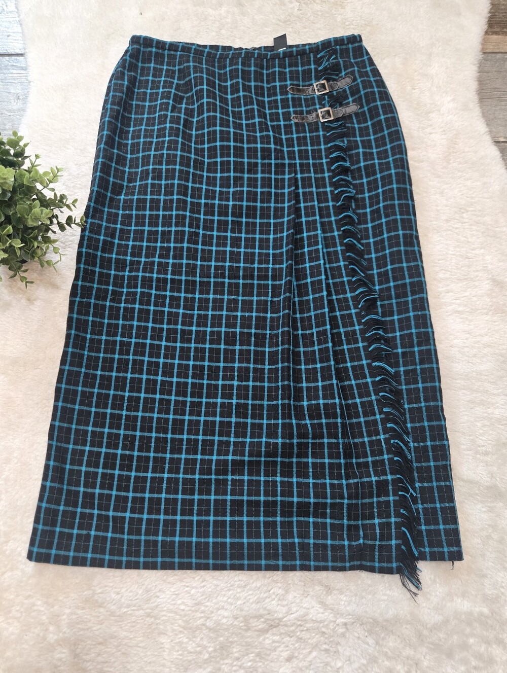 Norton McNaughtonv Plaid Vintage Fringed Buckle Wrap Academia Midi-Skirt, 12